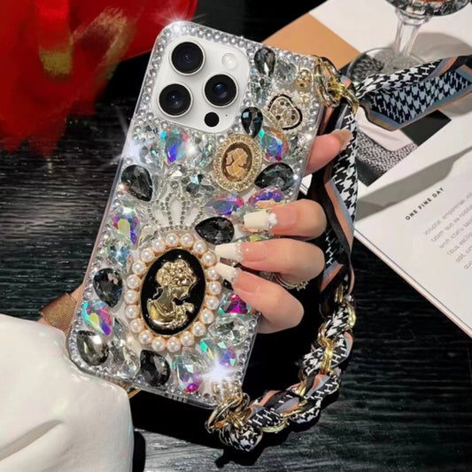 For iPhone 15 Pro Handmade Diamond Purple Gemstone Scarf Bracelet PC Phone Case(Black) - iPhone 15 Pro Cases by buy2fix | Online Shopping UK | buy2fix
