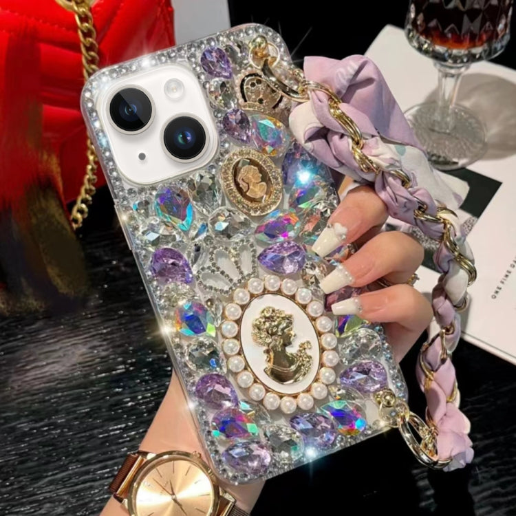 For iPhone 15 Handmade Diamond Purple Gemstone Scarf Bracelet PC Phone Case(White) - iPhone 15 Cases by buy2fix | Online Shopping UK | buy2fix