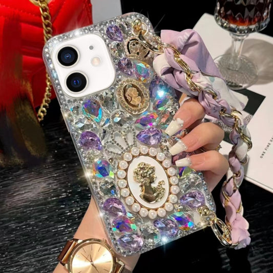 For iPhone 12 Handmade Diamond Purple Gemstone Scarf Bracelet PC Phone Case(White) - iPhone 12 / 12 Pro Cases by buy2fix | Online Shopping UK | buy2fix