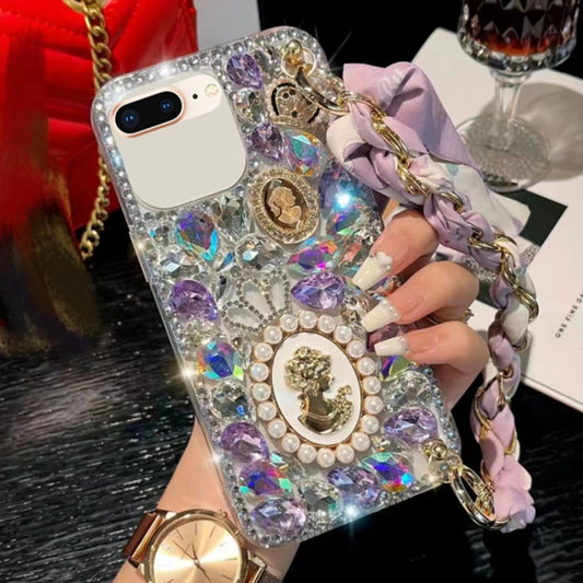For iPhone 7 Plus / 8 Plus Handmade Diamond Purple Gemstone Scarf Bracelet PC Phone Case(White) - More iPhone Cases by buy2fix | Online Shopping UK | buy2fix