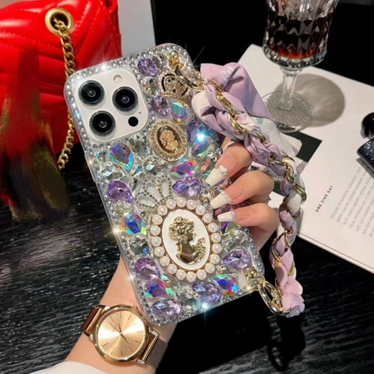 For iPhone 16 Plus Handmade Diamond Purple Gemstone Scarf Bracelet PC Phone Case(White) - iPhone 16 Plus Cases by buy2fix | Online Shopping UK | buy2fix