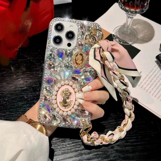 For iPhone 16 Plus Handmade Diamond Purple Gemstone Scarf Bracelet PC Phone Case(Pink) - iPhone 16 Plus Cases by buy2fix | Online Shopping UK | buy2fix