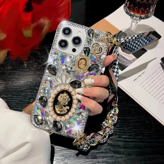 For iPhone 16 Plus Handmade Diamond Purple Gemstone Scarf Bracelet PC Phone Case(Black) - iPhone 16 Plus Cases by buy2fix | Online Shopping UK | buy2fix