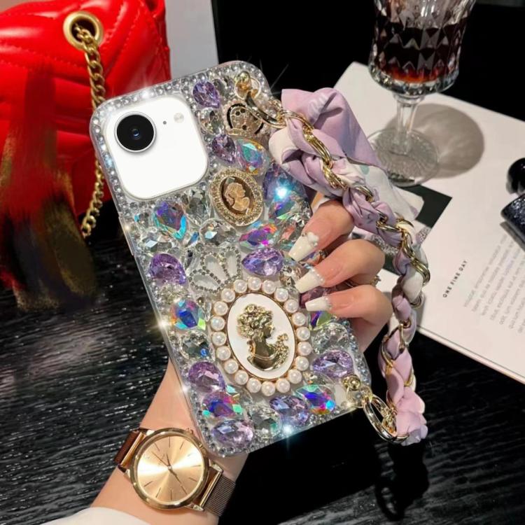For iPhone 16e Handmade Diamond Purple Gemstone Scarf Bracelet PC Phone Case(White) - iPhone 16e Cases by buy2fix | Online Shopping UK | buy2fix
