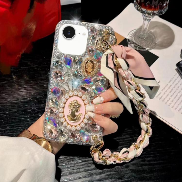 For iPhone 16e Handmade Diamond Purple Gemstone Scarf Bracelet PC Phone Case(Pink) - iPhone 16e Cases by buy2fix | Online Shopping UK | buy2fix