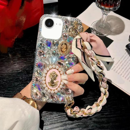 For iPhone 16e Handmade Diamond Purple Gemstone Scarf Bracelet PC Phone Case(Pink) - iPhone 16e Cases by buy2fix | Online Shopping UK | buy2fix