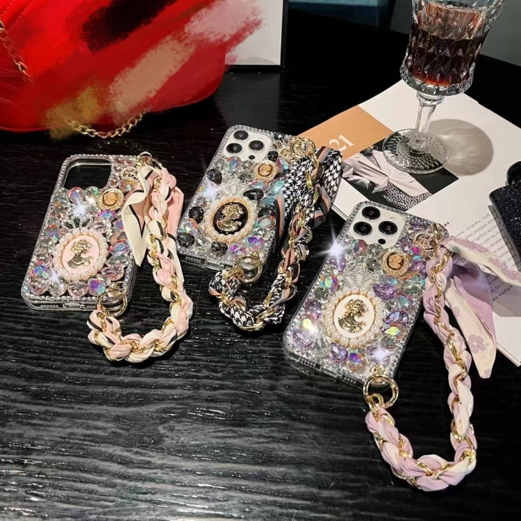 For iPhone 15 Handmade Diamond Purple Gemstone Scarf Bracelet PC Phone Case(White) - iPhone 15 Cases by buy2fix | Online Shopping UK | buy2fix