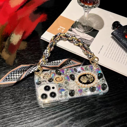 For iPhone 16e Handmade Diamond Purple Gemstone Scarf Bracelet PC Phone Case(Black) - iPhone 16e Cases by buy2fix | Online Shopping UK | buy2fix
