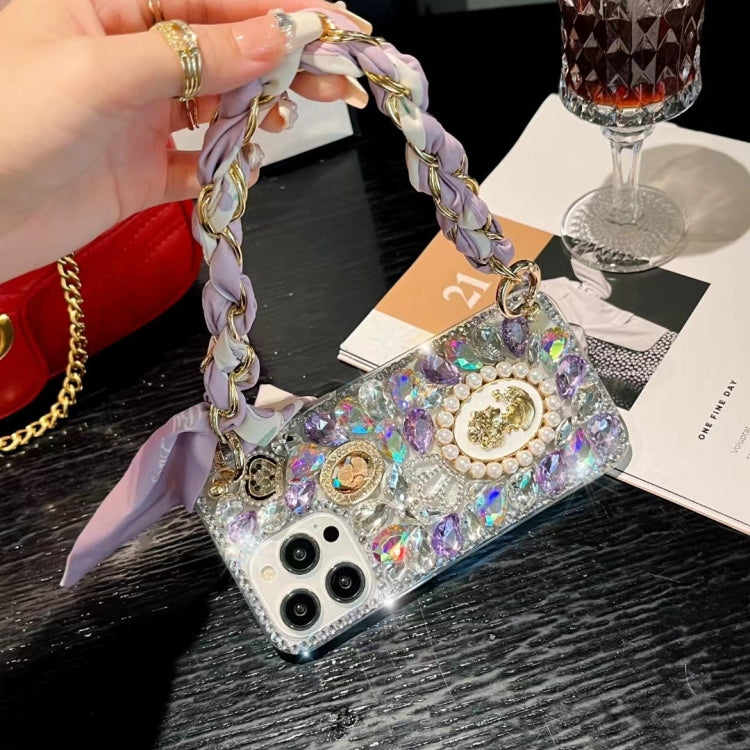 For iPhone 15 Handmade Diamond Purple Gemstone Scarf Bracelet PC Phone Case(White) - iPhone 15 Cases by buy2fix | Online Shopping UK | buy2fix
