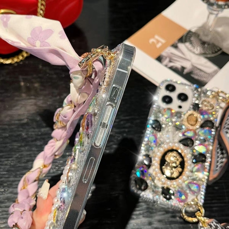 For iPhone 15 Handmade Diamond Purple Gemstone Scarf Bracelet PC Phone Case(White) - iPhone 15 Cases by buy2fix | Online Shopping UK | buy2fix