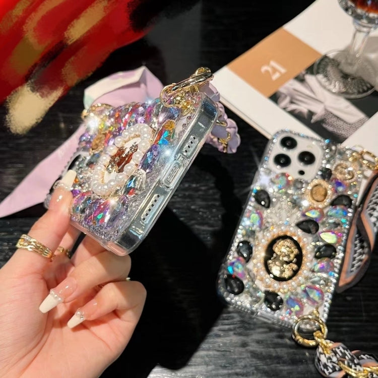 For iPhone 15 Handmade Diamond Purple Gemstone Scarf Bracelet PC Phone Case(White) - iPhone 15 Cases by buy2fix | Online Shopping UK | buy2fix