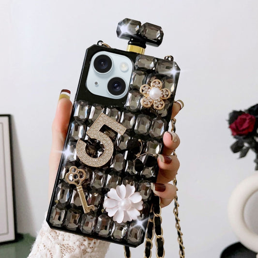 For iPhone 15 Crossbody Perfume Bottle Handmade Inlaid Diamond PC Phone Case(Black) - iPhone 15 Cases by buy2fix | Online Shopping UK | buy2fix