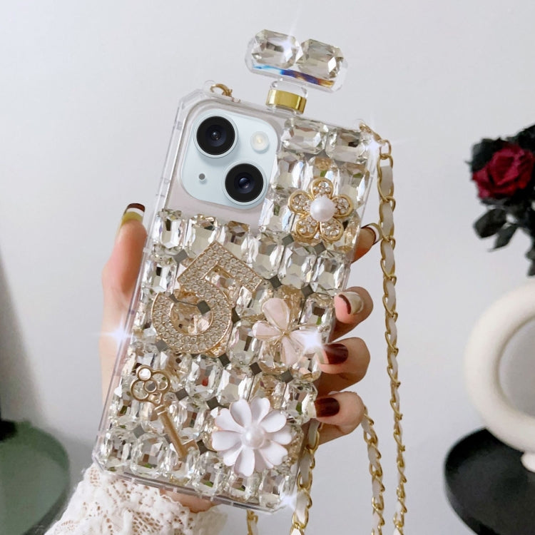 For iPhone 15 Crossbody Perfume Bottle Handmade Inlaid Diamond PC Phone Case(White) - iPhone 15 Cases by buy2fix | Online Shopping UK | buy2fix