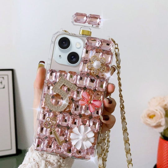 For iPhone 15 Crossbody Perfume Bottle Handmade Inlaid Diamond PC Phone Case(Pink)