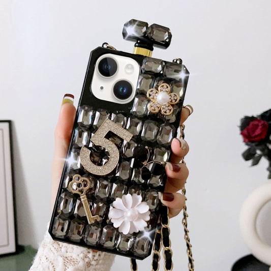 For iPhone 14 Plus Crossbody Perfume Bottle Handmade Inlaid Diamond PC Phone Case(Black) - iPhone 14 Plus Cases by buy2fix | Online Shopping UK | buy2fix