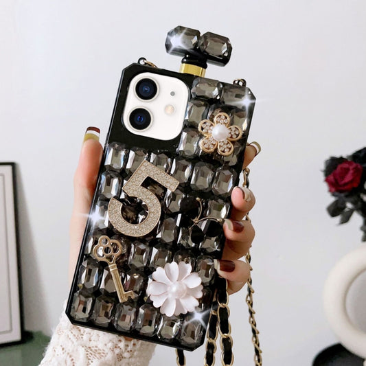 For iPhone 12 Crossbody Perfume Bottle Handmade Inlaid Diamond PC Phone Case(Black) - iPhone 12 / 12 Pro Cases by buy2fix | Online Shopping UK | buy2fix