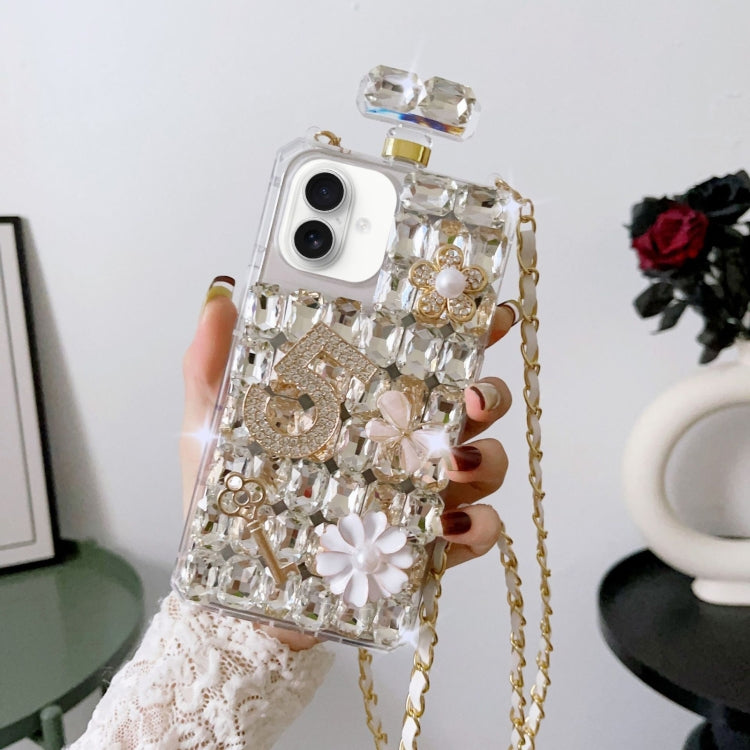 For iPhone 16 Plus Crossbody Perfume Bottle Handmade Inlaid Diamond PC Phone Case(White) - iPhone 16 Plus Cases by buy2fix | Online Shopping UK | buy2fix