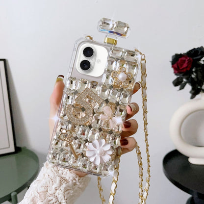 For iPhone 16 Plus Crossbody Perfume Bottle Handmade Inlaid Diamond PC Phone Case(White) - iPhone 16 Plus Cases by buy2fix | Online Shopping UK | buy2fix