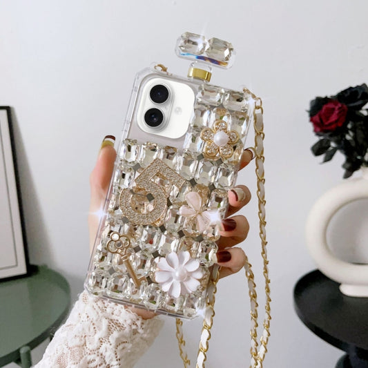 For iPhone 16 Plus Crossbody Perfume Bottle Handmade Inlaid Diamond PC Phone Case(White) - iPhone 16 Plus Cases by buy2fix | Online Shopping UK | buy2fix
