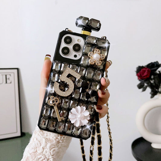 For iPhone 16 Pro Crossbody Perfume Bottle Handmade Inlaid Diamond PC Phone Case(Black) - iPhone 16 Pro Cases by buy2fix | Online Shopping UK | buy2fix