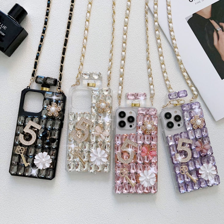 For iPhone 15 Crossbody Perfume Bottle Handmade Inlaid Diamond PC Phone Case(White) - iPhone 15 Cases by buy2fix | Online Shopping UK | buy2fix