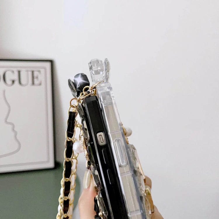For iPhone 15 Crossbody Perfume Bottle Handmade Inlaid Diamond PC Phone Case(White) - iPhone 15 Cases by buy2fix | Online Shopping UK | buy2fix