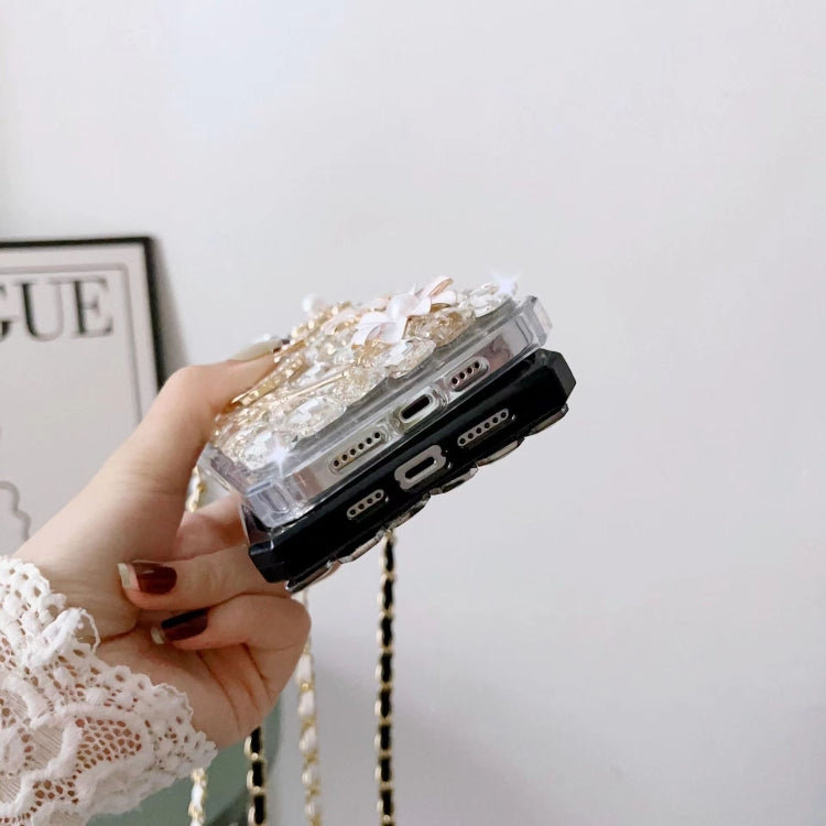 For iPhone 15 Crossbody Perfume Bottle Handmade Inlaid Diamond PC Phone Case(White) - iPhone 15 Cases by buy2fix | Online Shopping UK | buy2fix