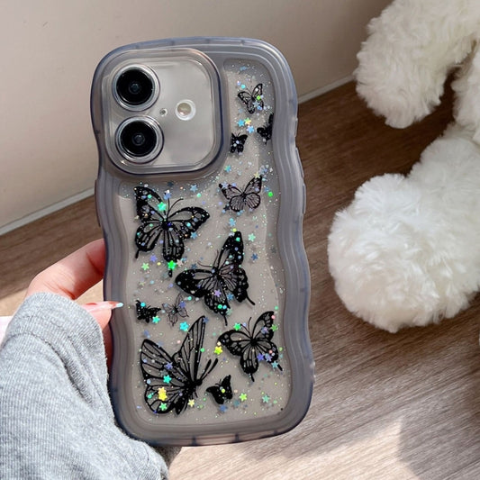 For iPhone 16 Wave Edge Butterfly TPU Hybrid PC Phone Case(Black) by buy2fix