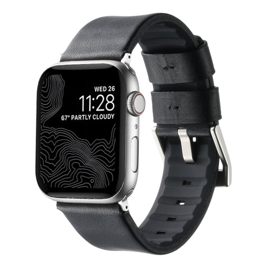 For Apple Watch SE 2023 44mm Genuine Leather Hybrid Silicone Watch Band(Black Sliver Buckle)