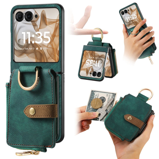 For Motorola Razr 50 Retro Ring Vertical Zipper Wallet Phone Case(Green) - Motorola Cases by buy2fix | Online Shopping UK | buy2fix
