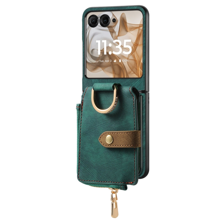 For Motorola Razr 50 Retro Ring Vertical Zipper Wallet Phone Case(Green) - Motorola Cases by buy2fix | Online Shopping UK | buy2fix