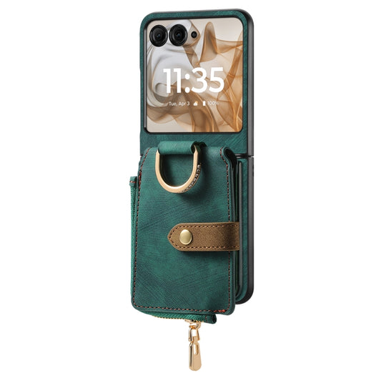 For Motorola Razr 50 Retro Ring Vertical Zipper Wallet Phone Case(Green) - Motorola Cases by buy2fix | Online Shopping UK | buy2fix