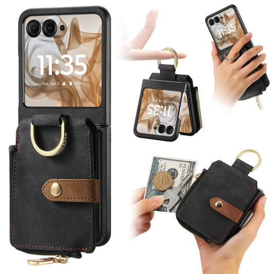 For Motorola Razr 50 Retro Ring Vertical Zipper Wallet Phone Case(Black) - Motorola Cases by buy2fix | Online Shopping UK | buy2fix