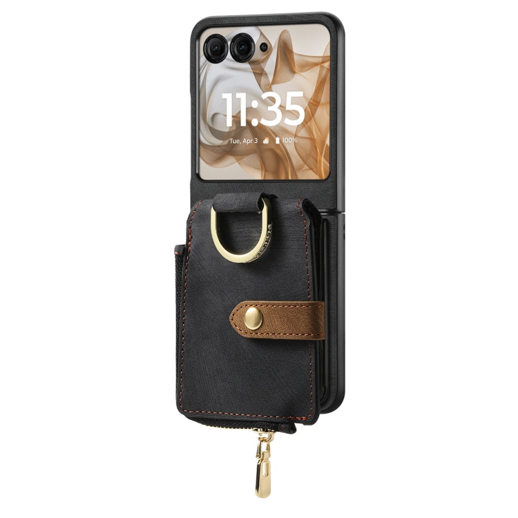 For Motorola Razr 50 Retro Ring Vertical Zipper Wallet Phone Case(Black) - Motorola Cases by buy2fix | Online Shopping UK | buy2fix