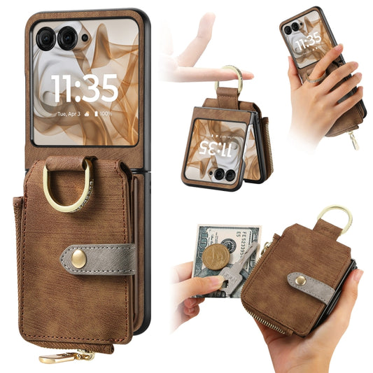 For Motorola Razr 50 Ultra Retro Ring Vertical Zipper Wallet Phone Case(Brown) - Motorola Cases by buy2fix | Online Shopping UK | buy2fix