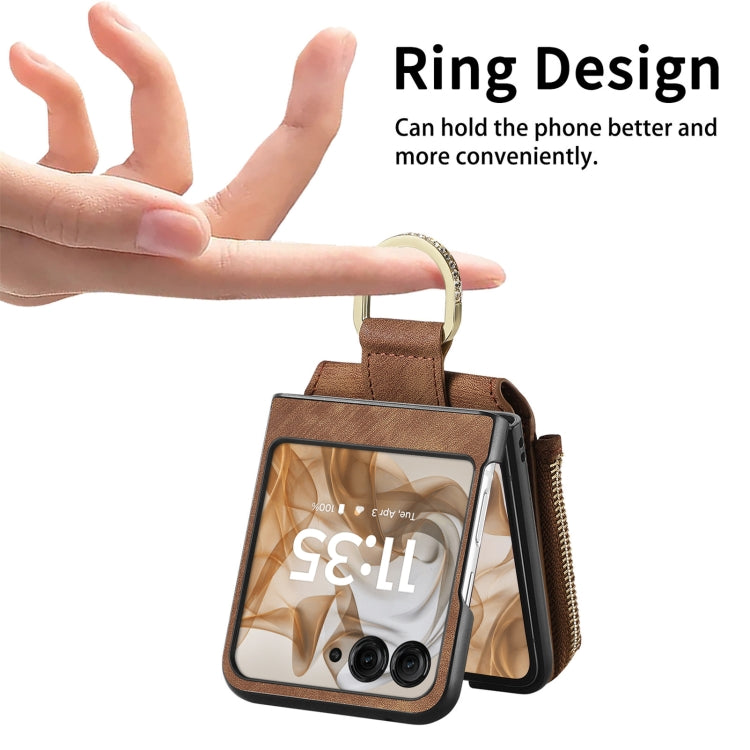 For Motorola Razr 50 Ultra Retro Ring Vertical Zipper Wallet Phone Case(Brown) - Motorola Cases by buy2fix | Online Shopping UK | buy2fix