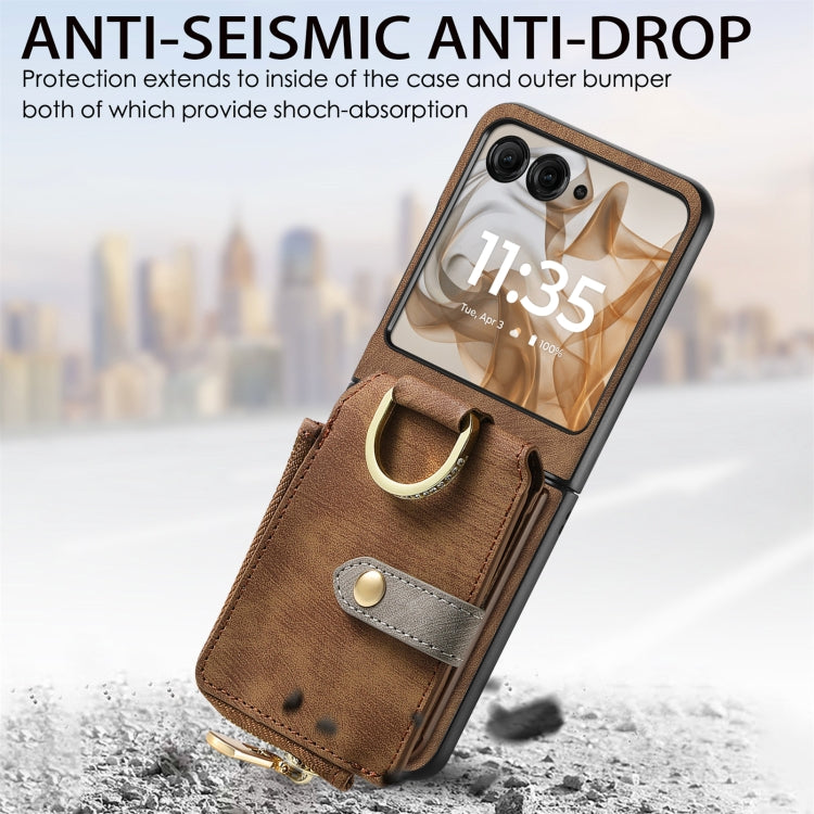 For Motorola Razr 50 Ultra Retro Ring Vertical Zipper Wallet Phone Case(Brown) - Motorola Cases by buy2fix | Online Shopping UK | buy2fix