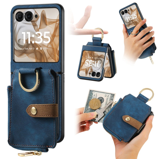 For Motorola Razr 50 Ultra Retro Ring Vertical Zipper Wallet Phone Case(Blue) - Motorola Cases by buy2fix | Online Shopping UK | buy2fix