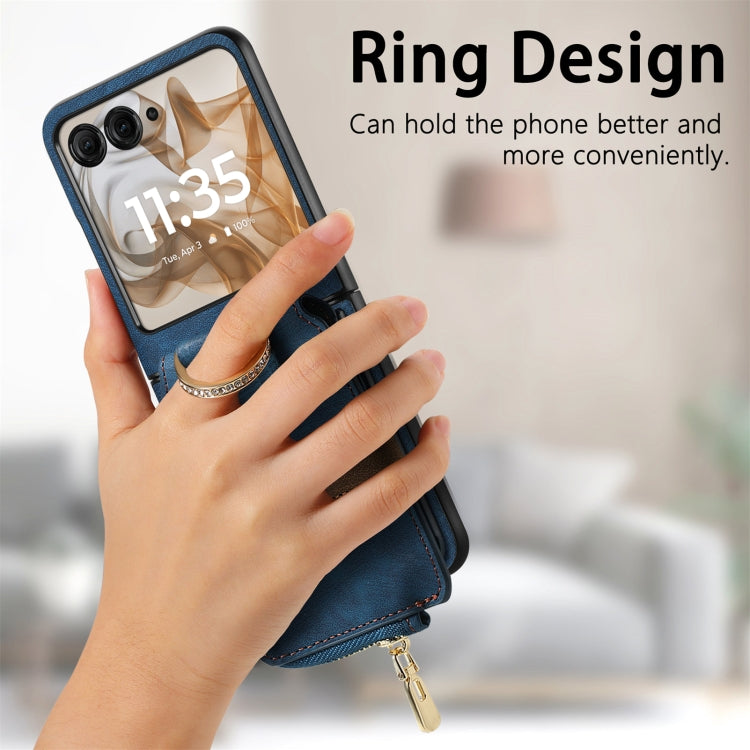 For Motorola Razr 50 Ultra Retro Ring Vertical Zipper Wallet Phone Case(Blue) - Motorola Cases by buy2fix | Online Shopping UK | buy2fix