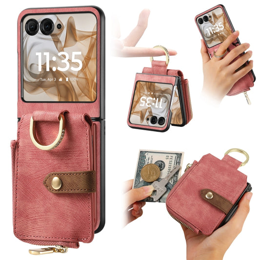 For Motorola Razr 50 Ultra Retro Ring Vertical Zipper Wallet Phone Case(Pink) - Motorola Cases by buy2fix | Online Shopping UK | buy2fix