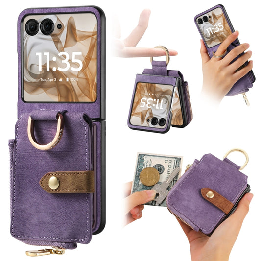For Motorola Razr 50 Ultra Retro Ring Vertical Zipper Wallet Phone Case(Purple) - Motorola Cases by buy2fix | Online Shopping UK | buy2fix