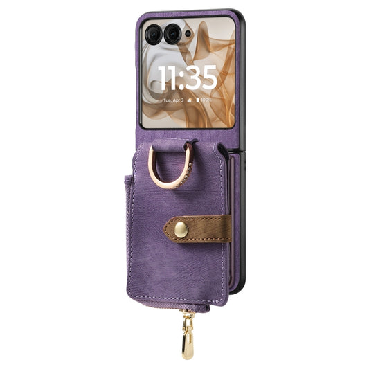 For Motorola Razr 50 Ultra Retro Ring Vertical Zipper Wallet Phone Case(Purple) - Motorola Cases by buy2fix | Online Shopping UK | buy2fix