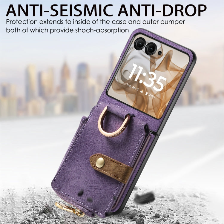 For Motorola Razr 50 Ultra Retro Ring Vertical Zipper Wallet Phone Case(Purple) by buy2fix