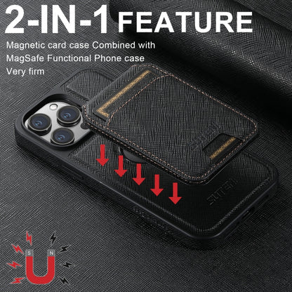 For iPhone 15 Pro Max Suteni M2 Cross-Grain MagSafe Vertical Card Back Phone Case(Black) by Suteni