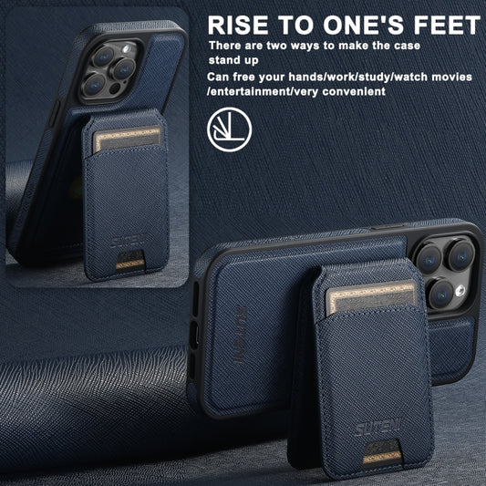 For iPhone 15 Pro Max Suteni M2 Cross-Grain MagSafe Vertical Card Back Phone Case(Blue) by Suteni