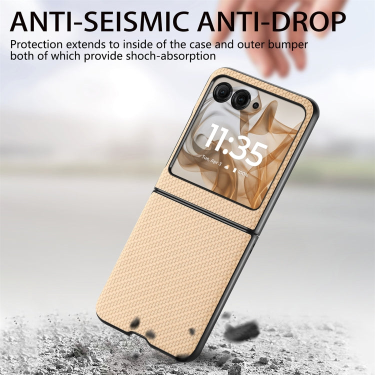 For Motorola Razr 50 Carbon Fiber Texture Leather Back Phone Case(Khaki) by buy2fix