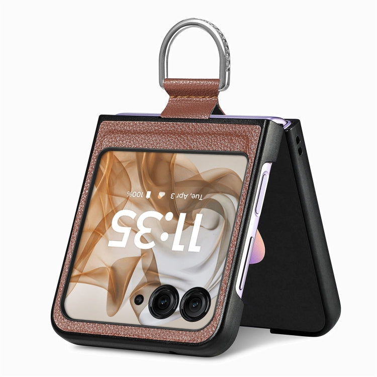 For Motorola Razr 50 Litchi Texture Leather Ring Fold Phone Case(Brown) by buy2fix