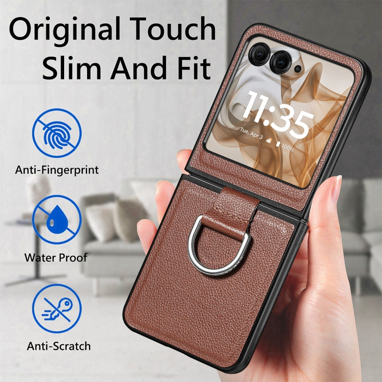 For Motorola Razr 50 Litchi Texture Leather Ring Fold Phone Case(Brown) by buy2fix