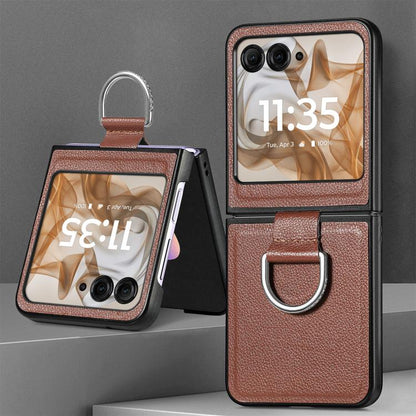 For Motorola Razr 50 Litchi Texture Leather Ring Fold Phone Case(Brown) by buy2fix
