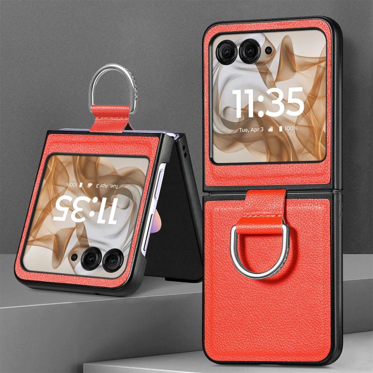 For Motorola Razr 50 Litchi Texture Leather Ring Fold Phone Case(Orange) by buy2fix